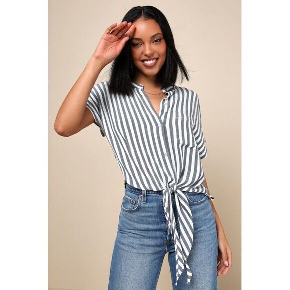 Lulus Newport Beach Grey And White Striped Top - Size S - Picture 1 of 1